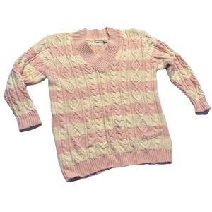 VTG Amancio Cable Knit Sweater Womens Sz L Pink Cream V Neck Old Money Prep